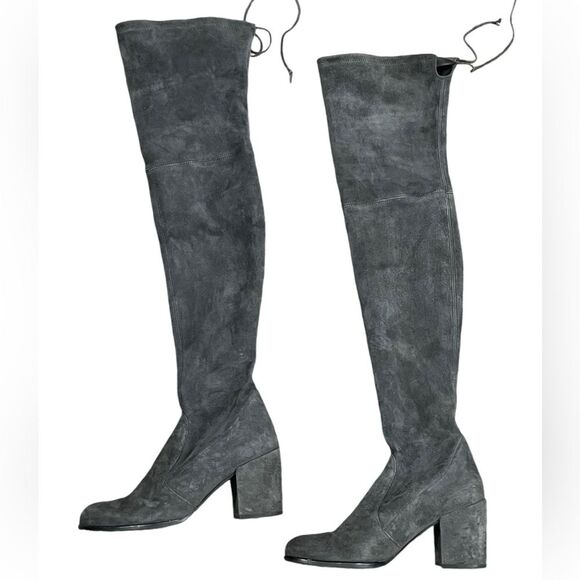 Stuart Weitzman Gray Suede Over-the-Knee Boots Sz 7 Almond Toe Block Heel Shoes - Picture 2 of 12